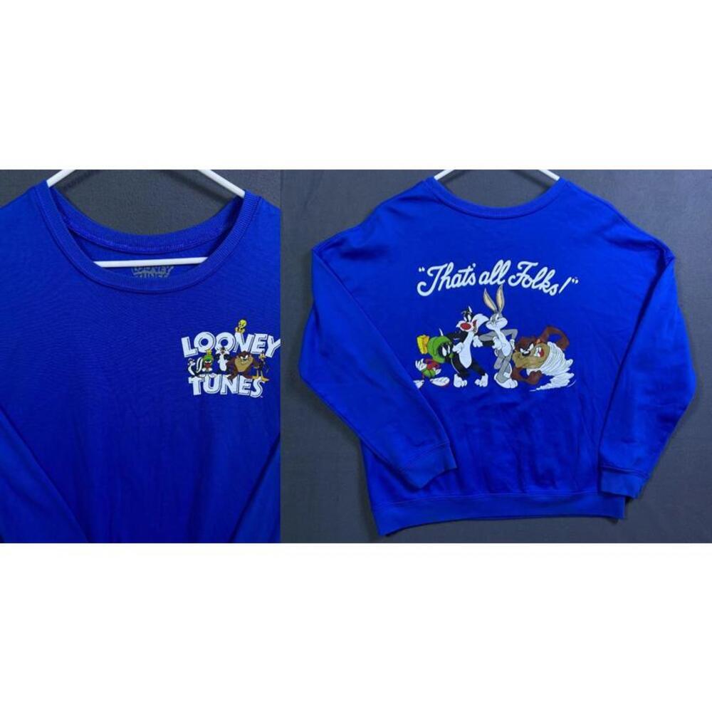Looney Tunes Sweatshirt Womens Medium Blue Graphic That's All Folks Pullover New